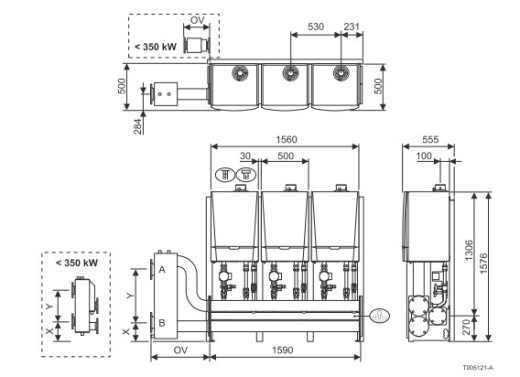Каскадная система из 3 котлов для монтажа в один ряд на полу LV (мощностью от 120 до 456 кВт)