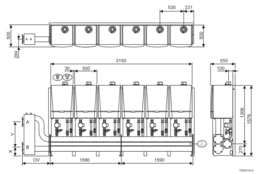 Каскадная система из 6 котлов для монтажа в один ряд на полу LV (мощностью более 460 кВт)