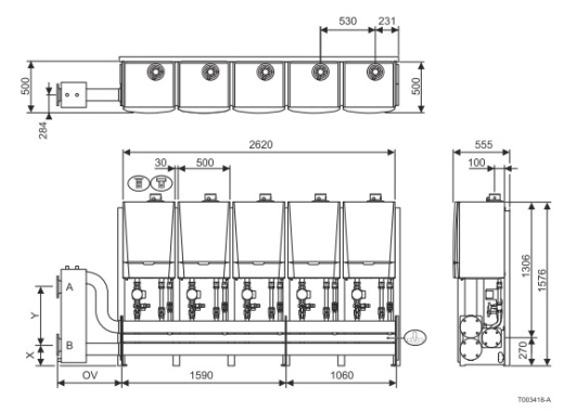 Каскадная система из 5 котлов для монтажа в один ряд на полу LV (мощностью более 460 кВт)
